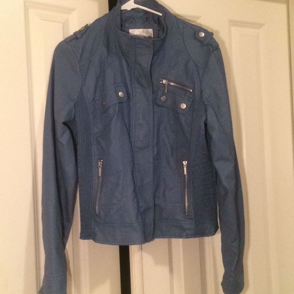 Leather light blue jacket w/ sliver metaling